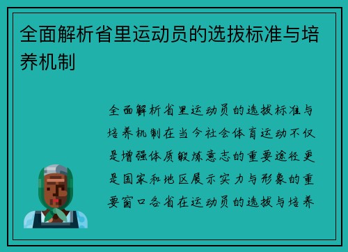 全面解析省里运动员的选拔标准与培养机制